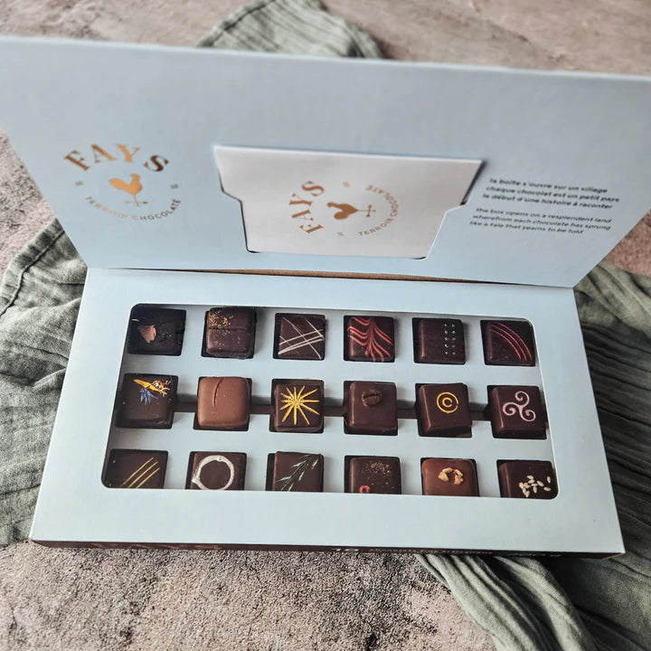 Chocolats fins du Terroir - Fays - Formats: boîte de 3 / 6 / 12 / 18 & tablette à la Kombu Royal et aux fraises