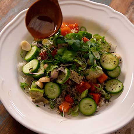 Poke de melon sur riz de chou-fleur et Wakamé
